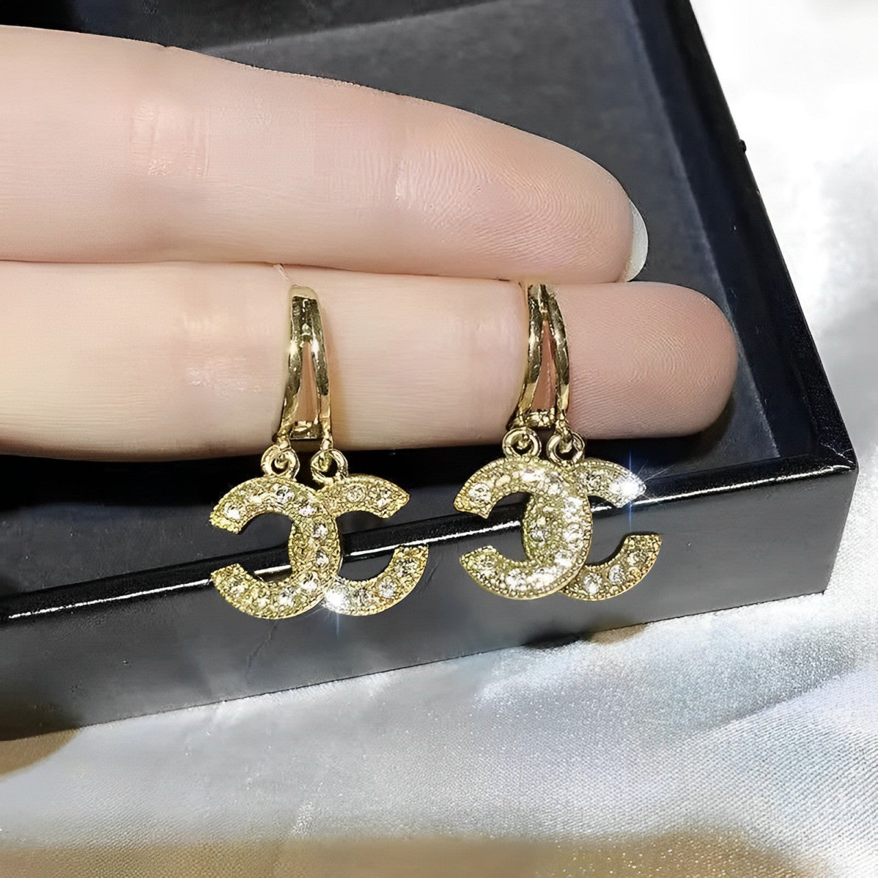 Gold Plated Hoop Double C Drop Earrings