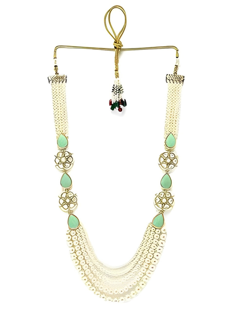 Karatcart Pearl Beaded Light Green Carved Stone Kundan Rani Haar